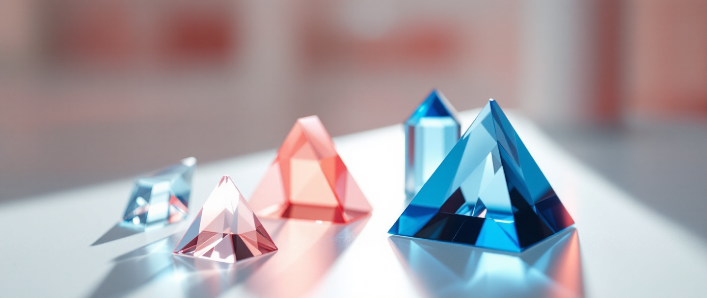 Rendu 3D abstrait — quatre rubans de métal liquide indigo et corail côte à côte