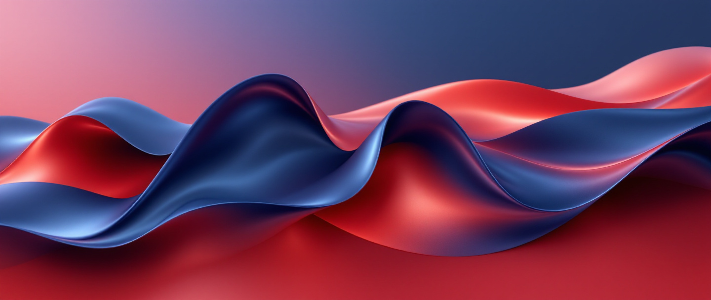 Rendu 3D abstrait — ruban de métal liquide indigo et corail, geste de conseil
