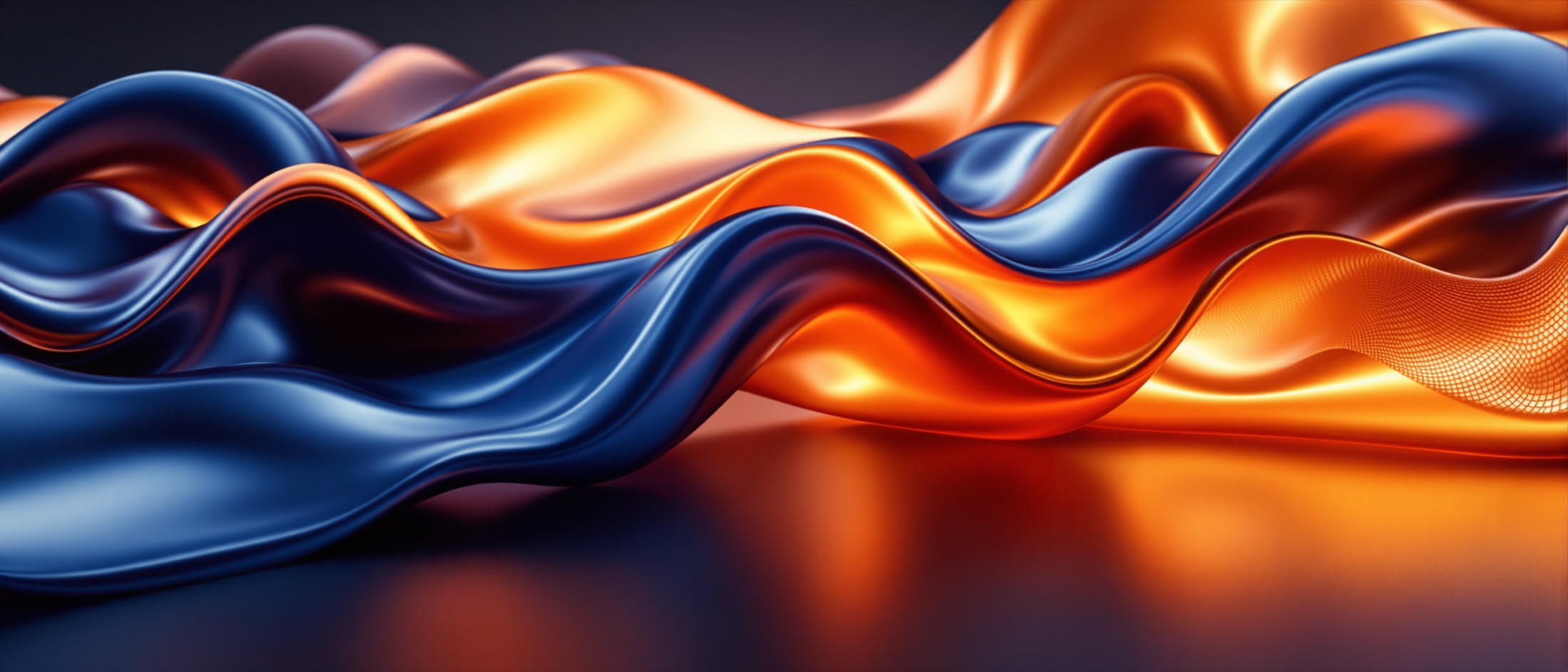 Rendu 3D abstrait — rubans de métal liquide indigo et orange