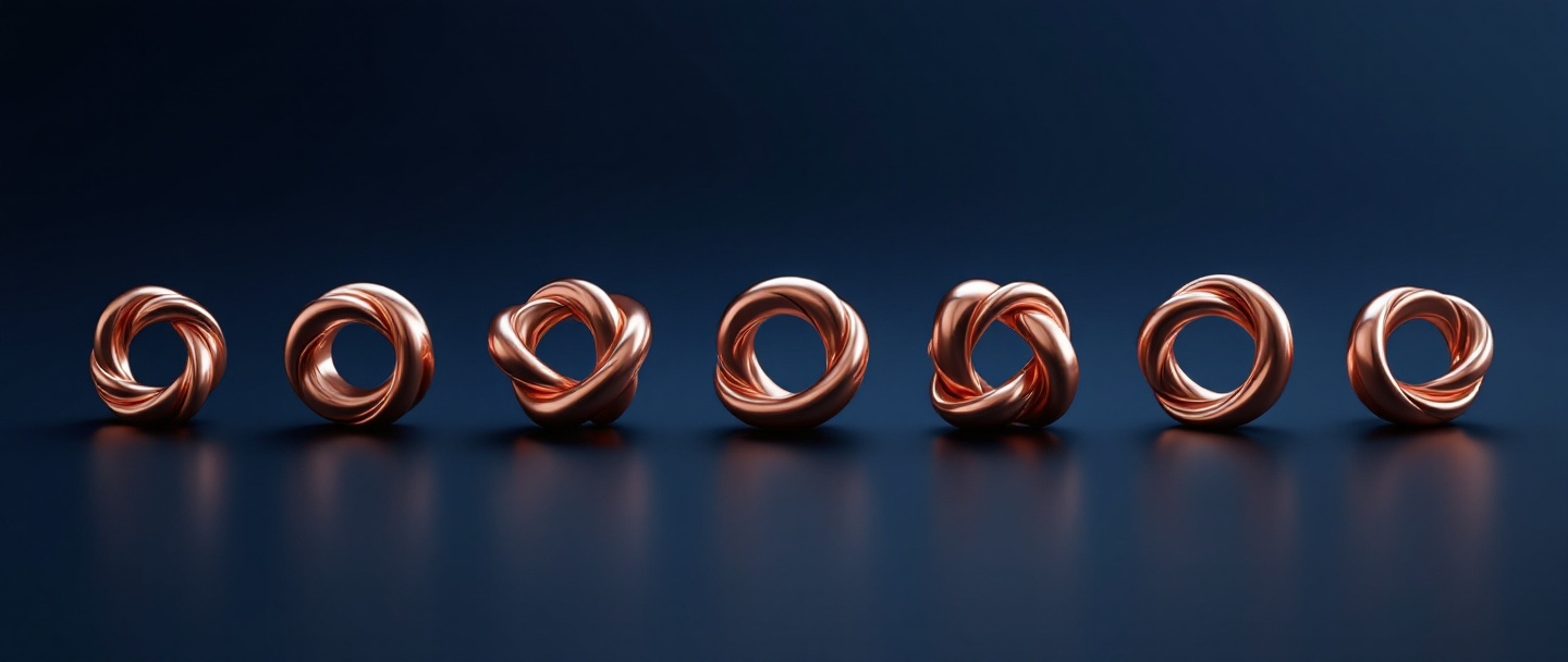 Rendu 3D abstrait — boucles de métal liquide exposées comme des objets précieux